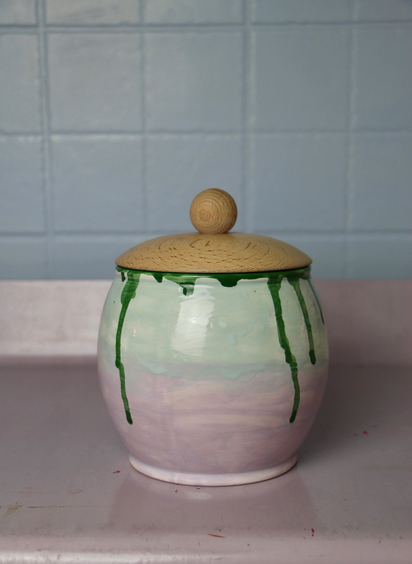 Medium Cookie/Candy Jar - Green-Lilac Drip Glaze