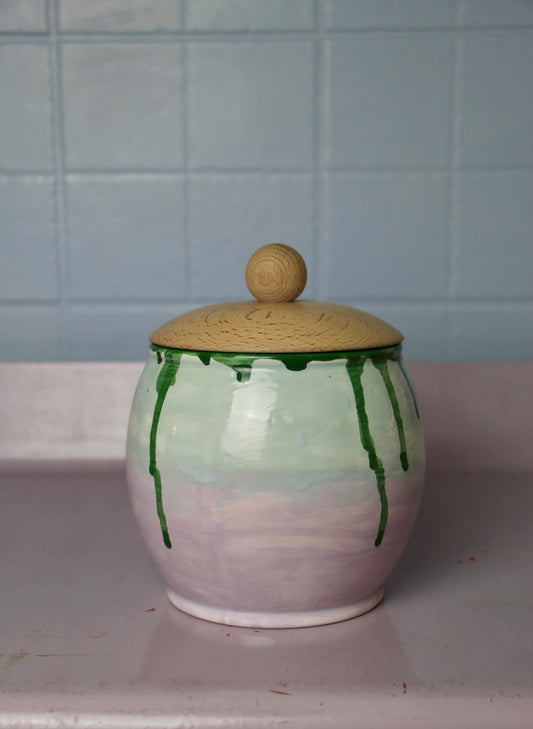Medium Cookie/Candy Jar - Green-Lilac Drip Glaze