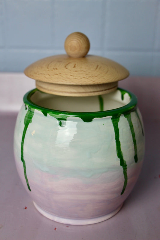 Medium Cookie/Candy Jar - Green-Lilac Drip Glaze