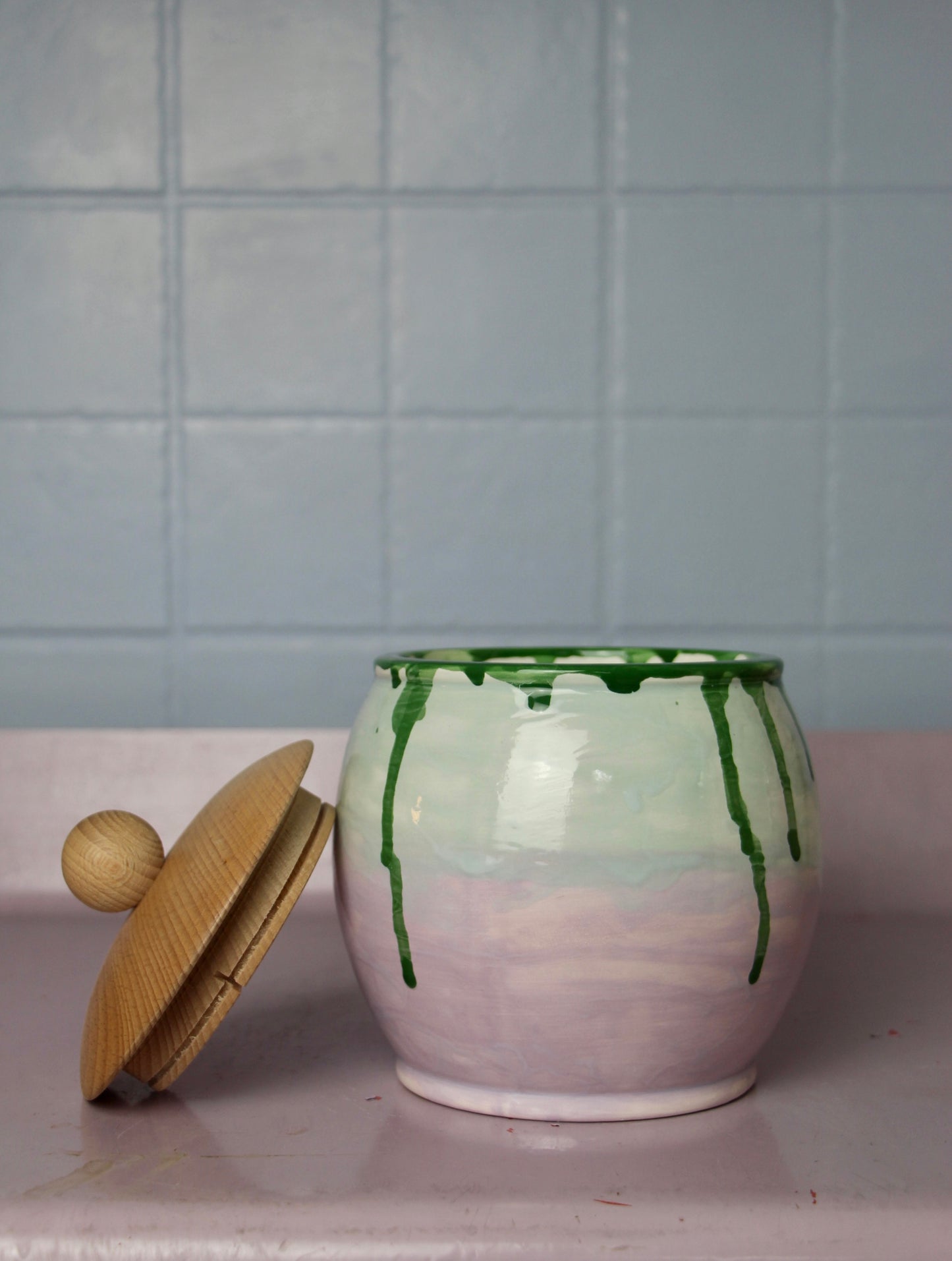 Medium Cookie/Candy Jar - Green-Lilac Drip Glaze
